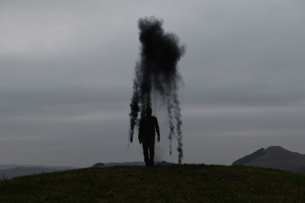 Andy Goldsworthy Presidio Spire. Crushed charcoal from one of three fires. Whitchurch, Napa, San Francisco. Thrown in Dumfriesshire, Scotland. 26 January 2022, 2022 5 Unique Archival Inkjet Prints Frame, each: 17.5 x 25.5 inches