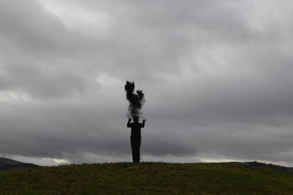 Andy Goldsworthy Chestnut Stalk Screen. Crushed charcoal from one of three fires. Whitchurch, Napa, San Francisco. Thrown in Dumfriesshire, Scotland. 12 January 2022, 2022 5 Unique Archival Inkjet Prints Frame, each: 17.5 x 25.5 inches