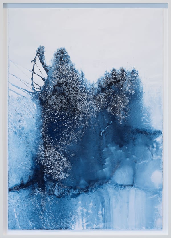Meghann Riepenhoff Day 3: mushroom spore ink + organic, inorganic, and Prussian Blue pigment + hydraulic ram out spray, 2024 Unique Dynamic Cyanotype 64 x 46 inches, framed
