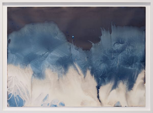 Meghann Riepenhoff Day 50: cyanotype + soda ash + breaths + lake water + windy dry cold, 2024 Unique Dynamic Cyanotype 34 x 46 inches, framed