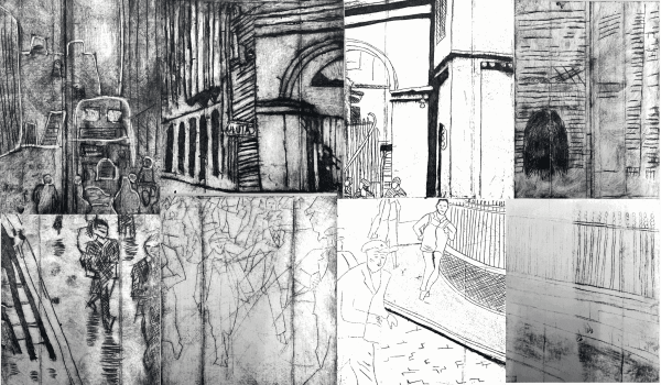 Collaborative drypoint etching print rendition of archival photograph of NBRC workers,