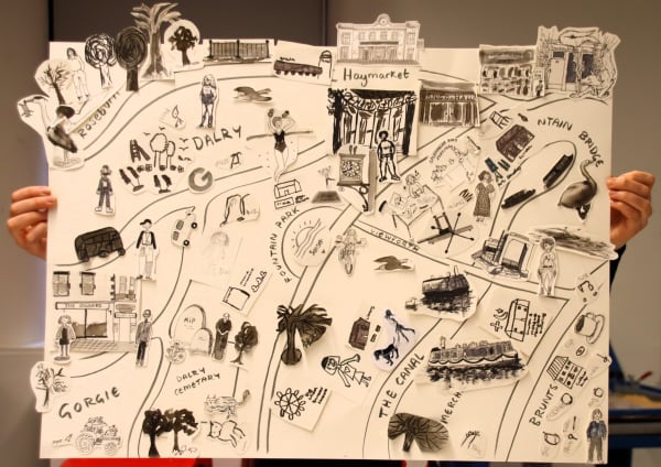 Collaborative map of the west of Edinburgh. Workshop led by artist Georgia Cowley.
