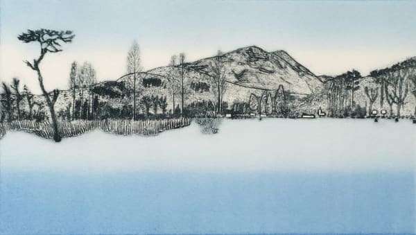 A print by Gillian Murray that shows a landscape with a hill and tree