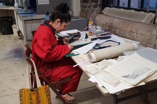 Paria Goodarzi working in the studio at Edinburgh Printmakers