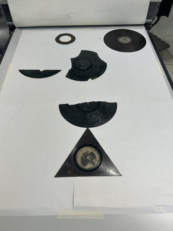 Fiona printmaking practice using pieces of vinyl