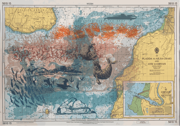 Pladda to Ailsa Craig, 2023, Screenprint on repurposed marine chart.