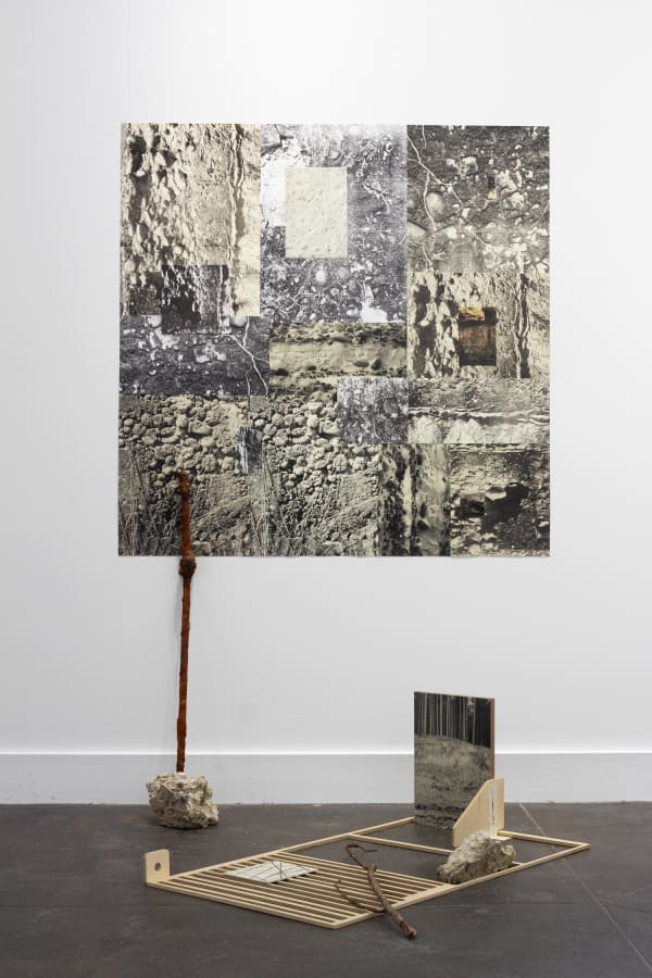 Grounding, 2023, Screen print on paper, charchoal on admiralty chart, plywood, branch, concrete and sand from Findhorn