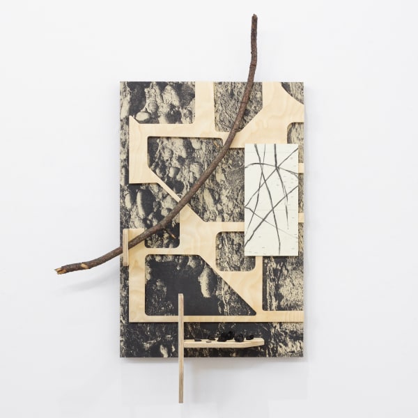 Mesh 1, Screen print on paper, charchoal on admiralty chart, plywood, branch, charcoal fragments and sand from Findhorn