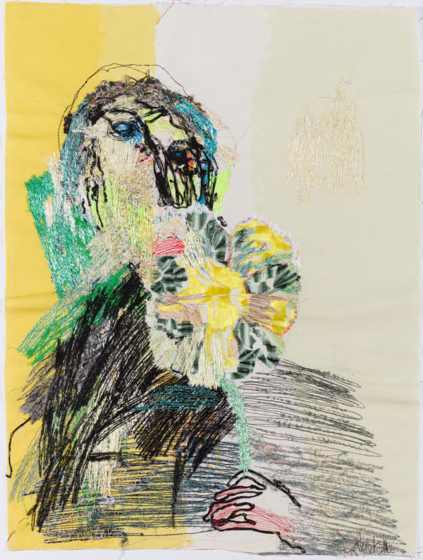 Holding Flower, 2021 thread on linen 73 x 55 cm
