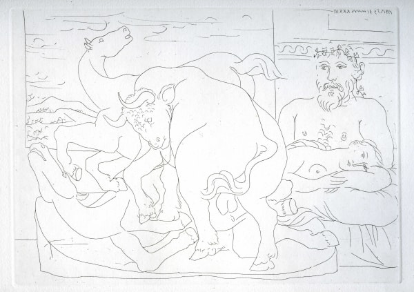 Pablo Picasso, 'Sculpteur et son Modèle avec un Groupe sculpté représentant un Taureau attaquant des Chevaux' from the 'Suite Vollard', 1933