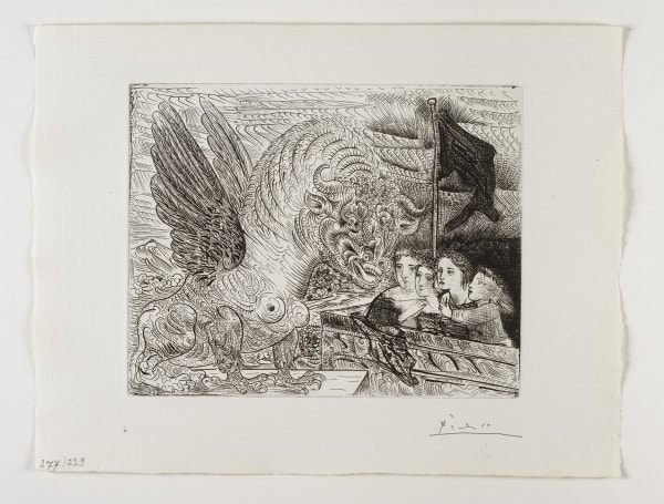 Pablo Picasso, 'Harpye à tête de Taureau, et quatre petites Filles sur une Tour surmontée d'un Drapeau noir' from the 'Suite Vollard', 1931