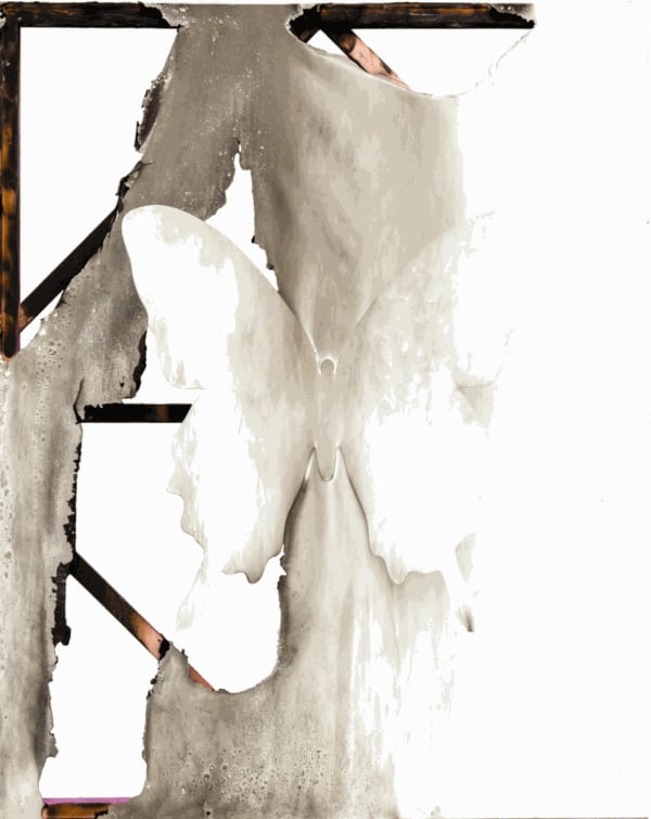 PunkMeTender artwork of burned white stretched canvas with white aluminum butterfly in the center 60''x48''