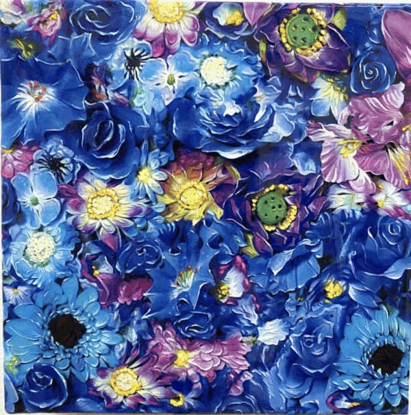 Testsutaro Kamatani artwork of intricate hand painted blue and purple flowers.