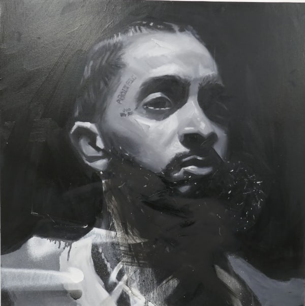 Nipsey Hustle portrait using spray paint and oil paint.