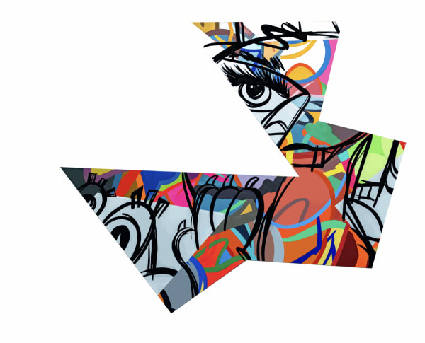 Timmy Sneaks mixed media pop art on a shaped panel.