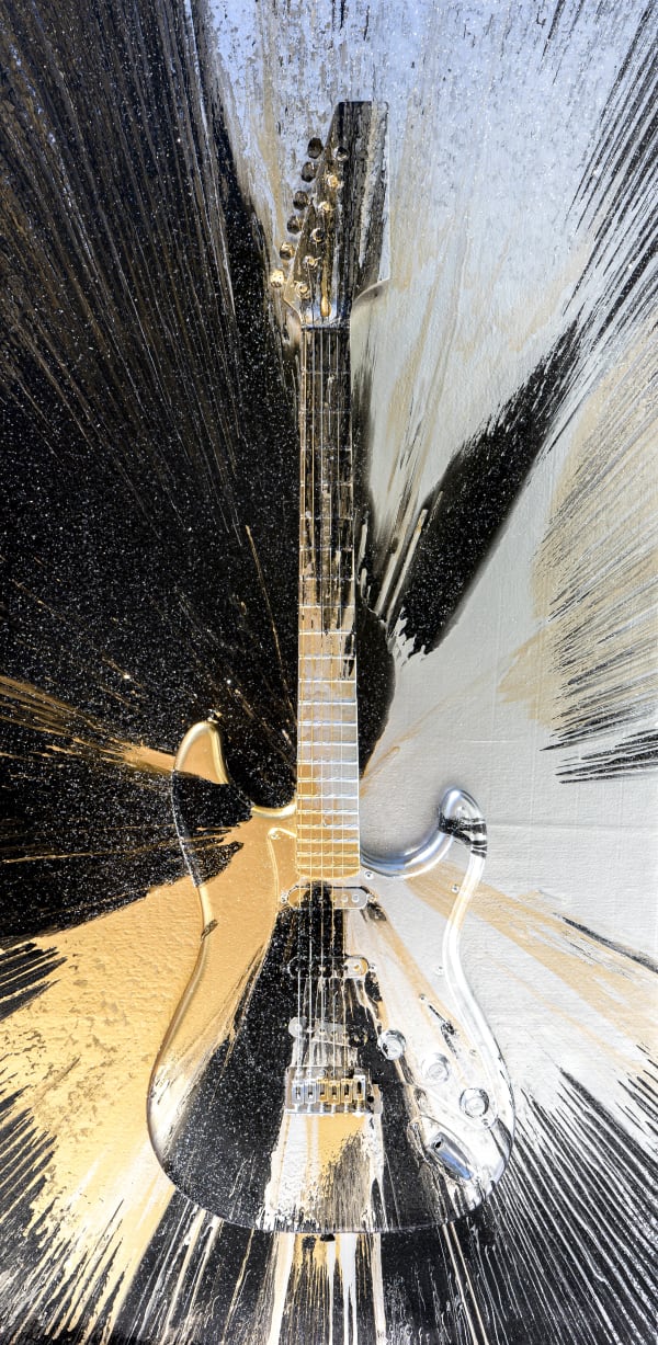 PunkMeTender artwork of a real guitar on a wooden panel covered in diamond dust and black, gold, and silver oil paint that was spun outwards 46''x24''