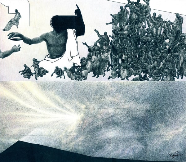 Xiaowei Chen intricate fine line ink and color pencil on paper of a pile of men over an image of the sky.