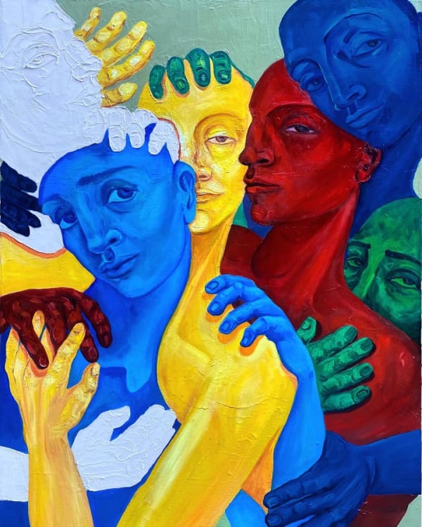Masha Keryan painting of figures of different colors embracing each other.