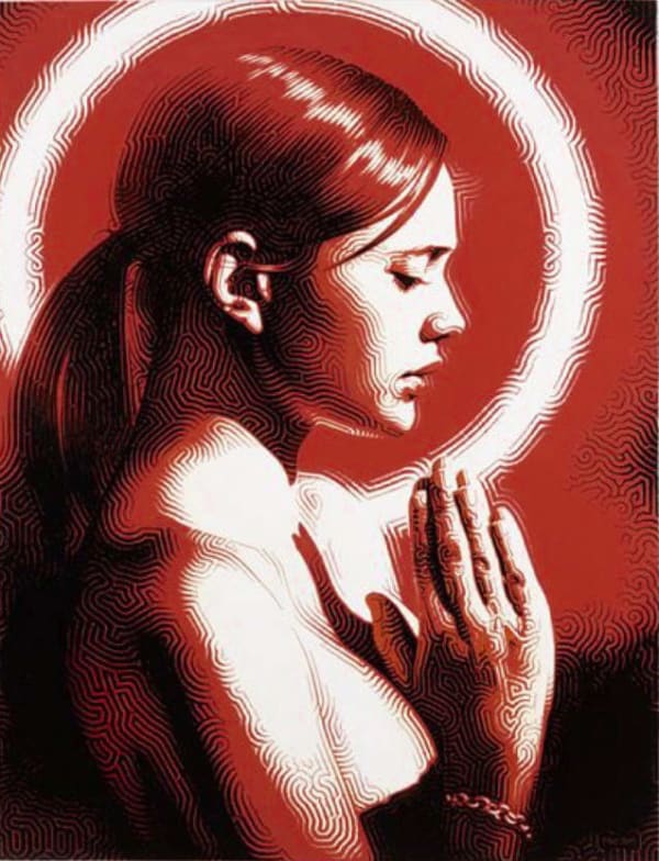 El Mac artwork of a woman praying with a red background, white highlights and black shadows.