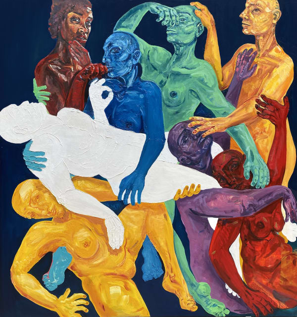 Masha Keyran painting of eight figures embracing each other.