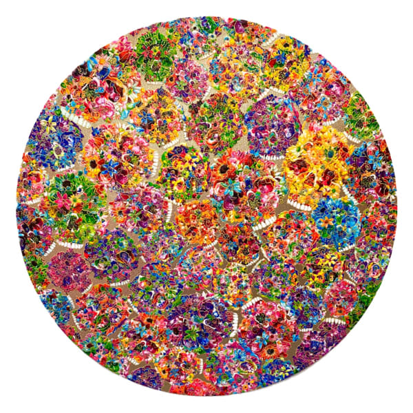 Tetsutaro Kamatani circular artwork of skulls made out of colorful flowers.