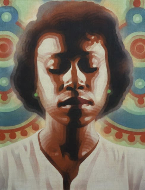 El Mac artwork of a woman's face with her eyes closed using spray paint on burlap.