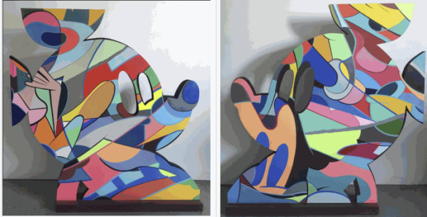 Timmy Sneaks Micky Mouse pop art sculpture that is vibrantly painted on both sides.