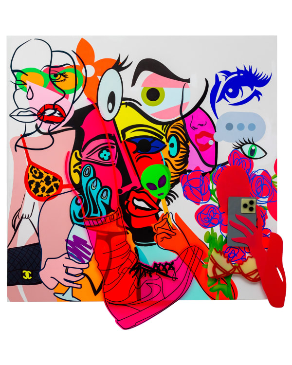 Timmy Sneaks pop art containing flowers, a woman's figure, a sneaker, ice cream, text bubble, and more.