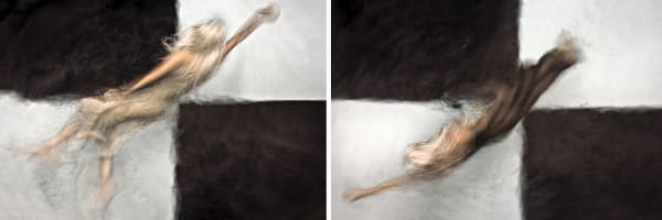 Barbara Cole photo of two blonde women swimming in a back and white checkerboard.