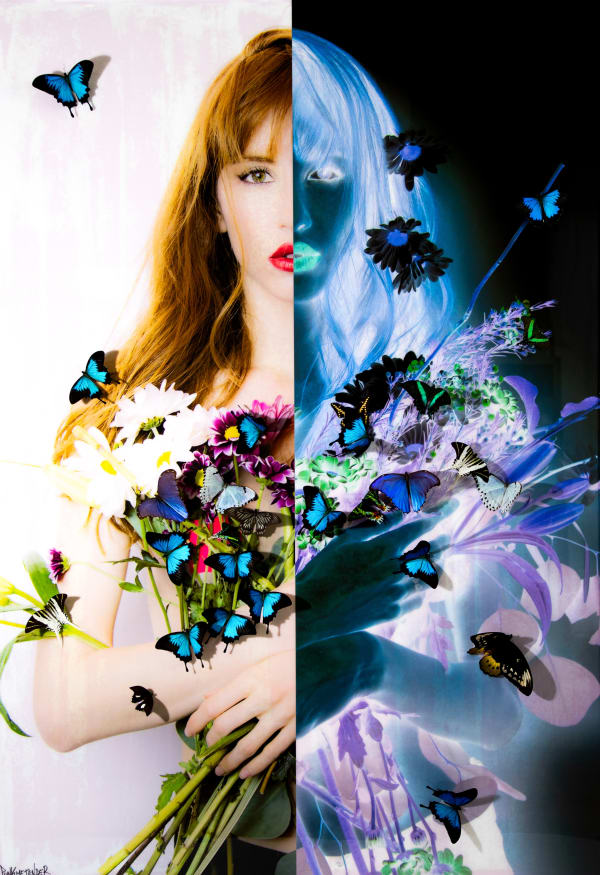 Photograph of woman holding a bouquet of flowers with half if the image's color inverted with 3D real exotic butterflies flying around her 66''x46''