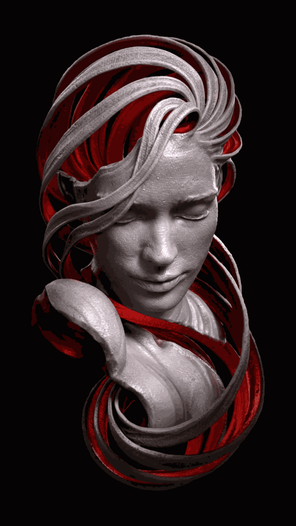 Raf Grassetti NFT digital art hollow bust of woman glowing red from the inside
