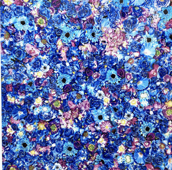 Testsutaro Kamatani artwork of intricate hand painted blue and purple flowers.