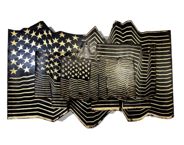 David Ellis artwork of three flags distorted on top of each other.