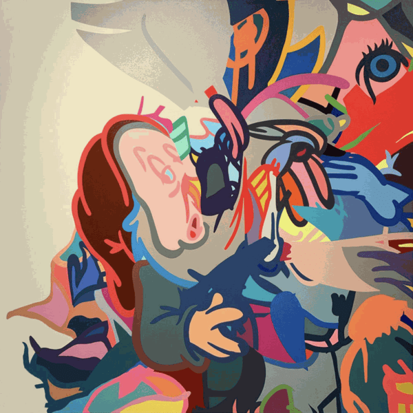 Timmy Sneaks pop art painting of overlapping iconic images.