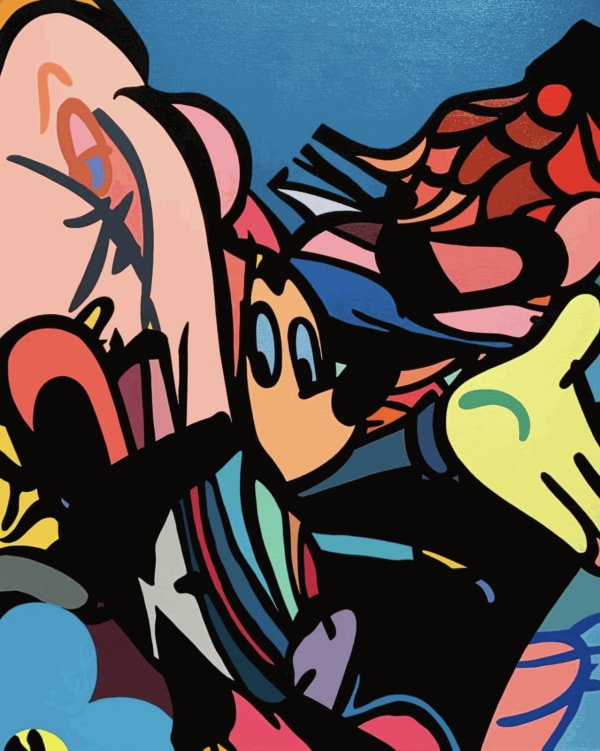 Timmy Sneaks pop art painting of overlapping iconic images.