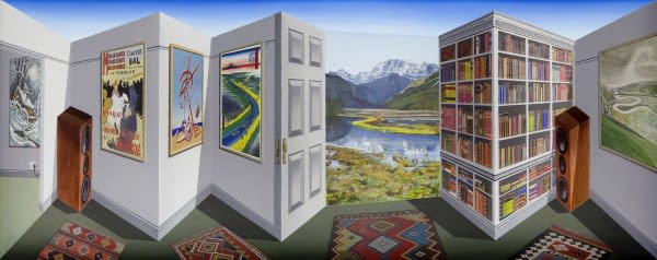 Patrick Hughes reverspective of a library that opens up into a landscape.