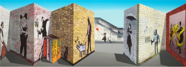 Patrick Hughes reverspective of Banksy covered walls.