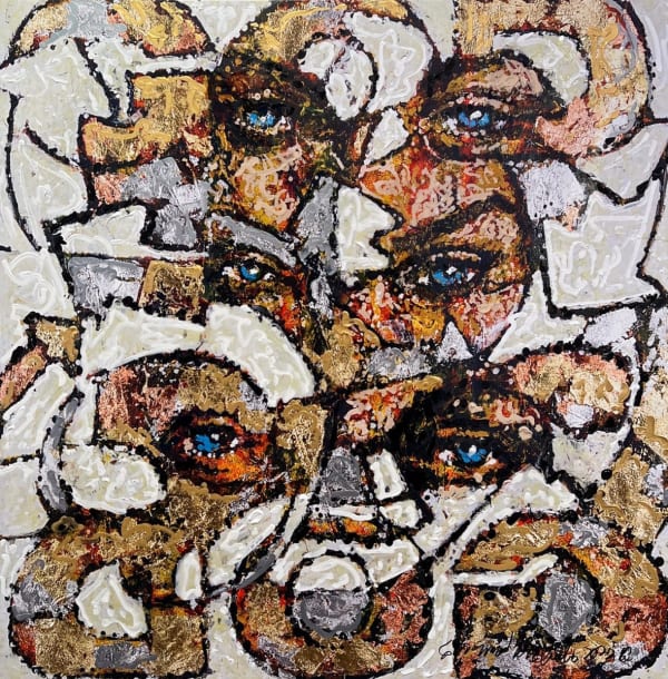 Giovanni DeCunto artwork of three sets of blue eyes that art warped by arrows and the word "GOD".