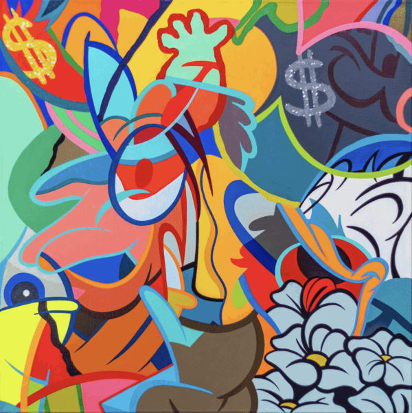 Timmy Sneaks pop art painting of overlapping iconic images.