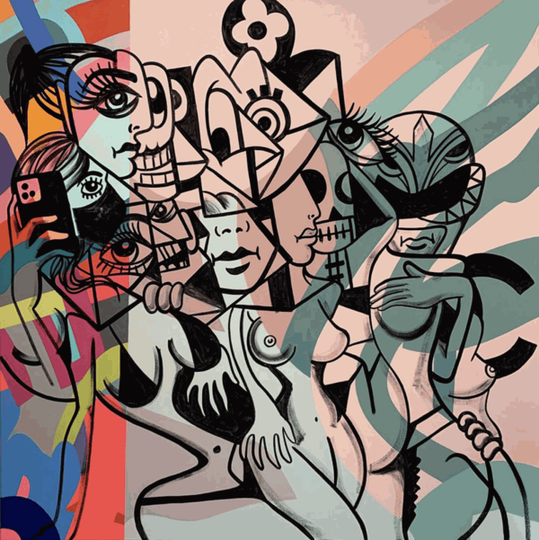 Timmy Sneaks pop art painting of different figures. Notably including the mask of a power ranger.