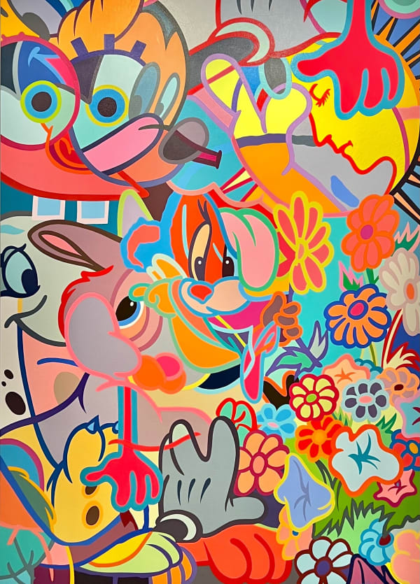 Timmy Sneaks colorful pop art painting that features Spongebob as well as many other references.