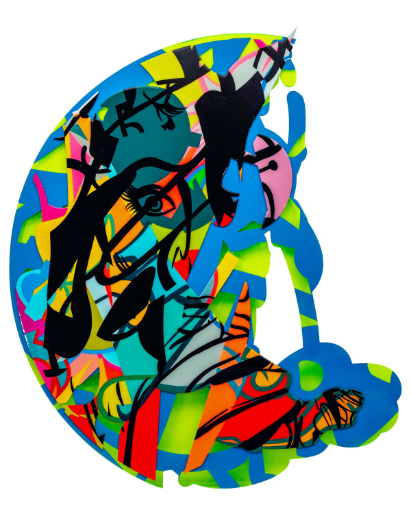 Timmy Sneaks colorful artwork with the most prominent colors being neon green and blue.