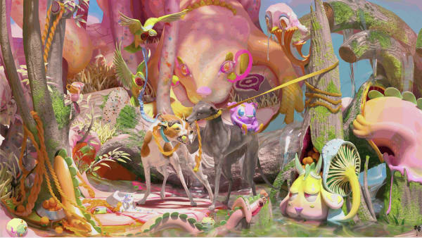 PLANTTDADDII digital art NFT of a vibrant  and forest with whimsical animals with two greyhound dogs fighting in the center.