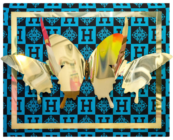PunkMeTender artwork of three gold mirrored aluminum butterflies on top of a Hermes fabric stretched canvas 48''x60''