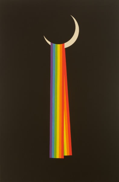 Patrick Hughes artwork of a rainbow hanging over the moon.