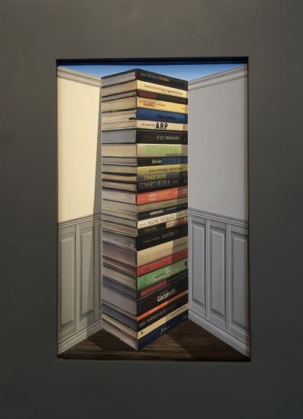 Patrick Hughes artwork of a stack of books in the corner.
