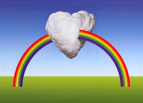 Patrick Hughes artwork of rainbow going through a heart shaped cloud.