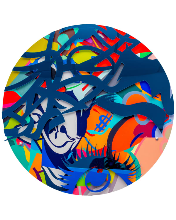 Timmy Sneaks colorful pop art with a reflective blue acrylic on top.