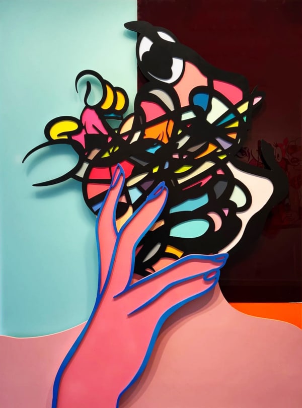 Timmy Sneaks pop art of a woman like figure holding her scrambled face.