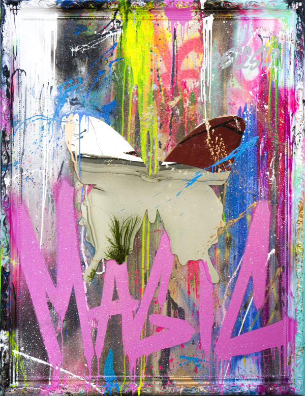 PunkMeTender artwork of an aluminum reflective butterfly on a wood panel splattered in colorful acrylic pain with the word magic spray painted below 74''x55''